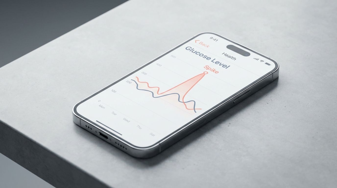 Smartphone screen displaying a continuous glucose monitor graph showing a sharp spike. Smartphone screen displaying a continuous glucose monitor graph showing a sharp spike.