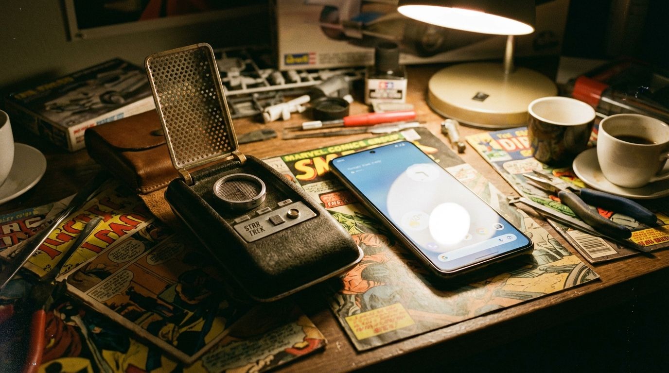 Device repair workspace with vintage tools, smartphone, soldering iron, and repair kits prominently displayed.