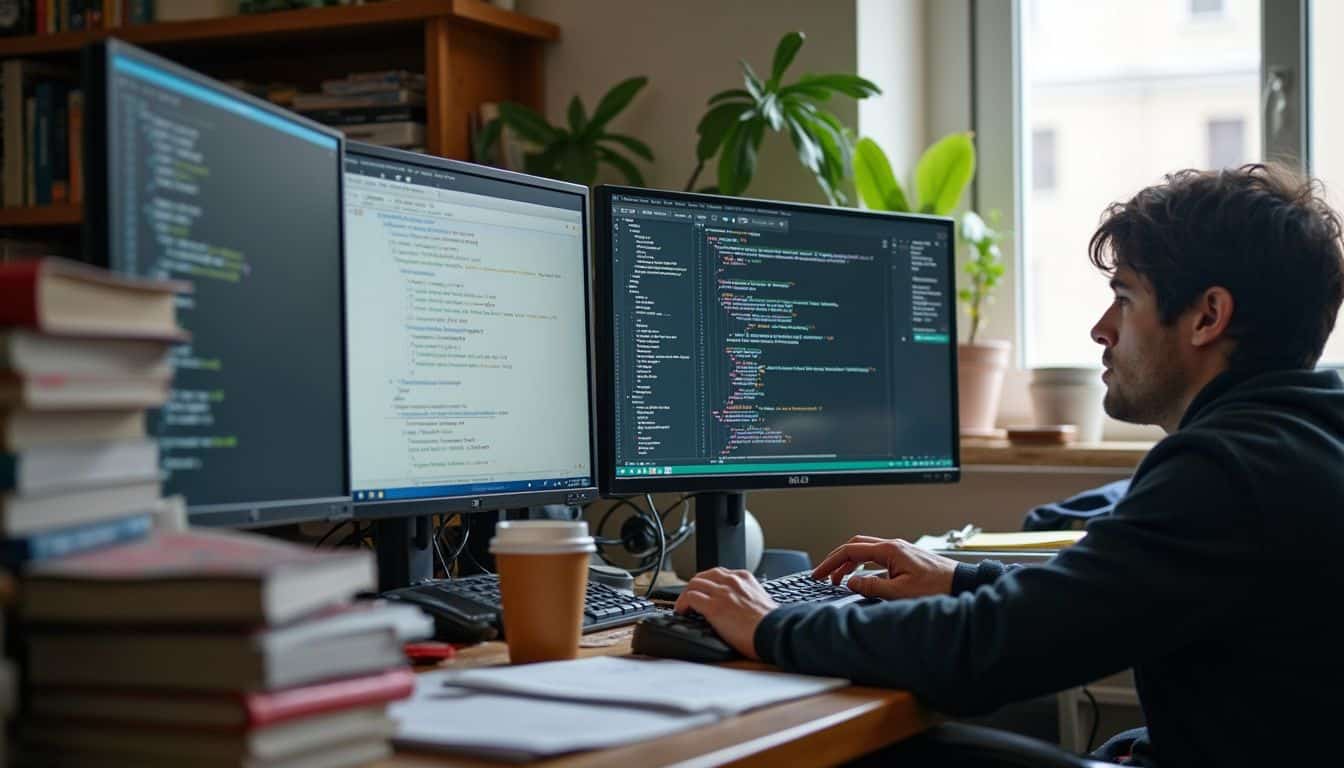 A cluttered desk displays coding work, flowcharts, programming books, and a half-drunk coffee cup, reflecting a busy workday.
