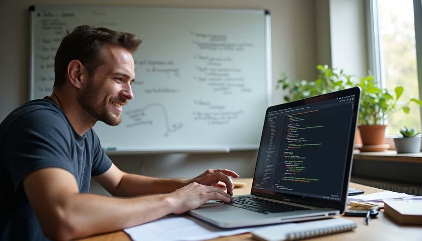 A programmer works casually at a messy desk filled with books, an open laptop, and a whiteboard of algorithms.