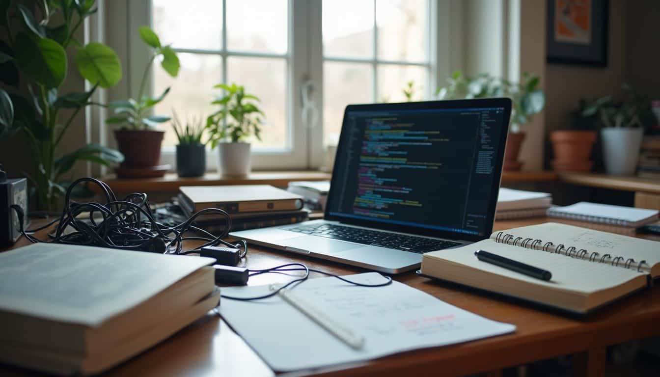 A cluttered desk displays a laptop, programming books, a notebook of algorithms, and tangled cables, reflecting a busy workspace.