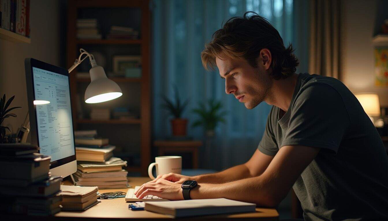 A tired young man works late in a cluttered home office, surrounded by books and a coffee mug.