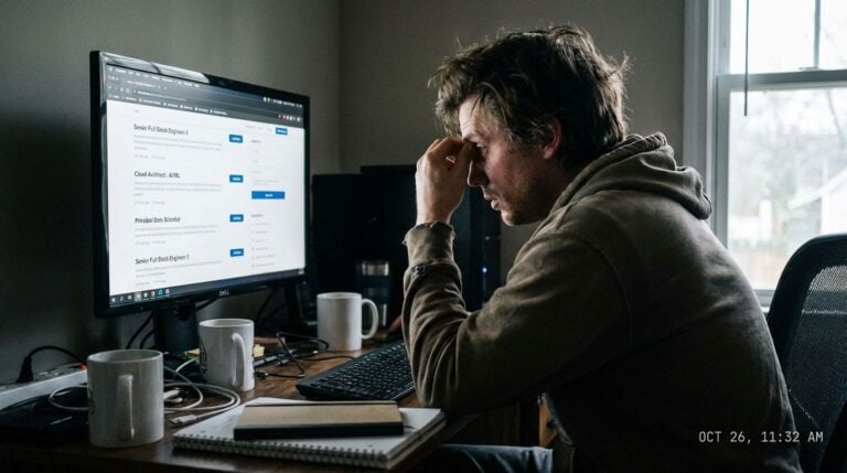 Frustrated man with hand on forehead looking at computer screen filled with text.