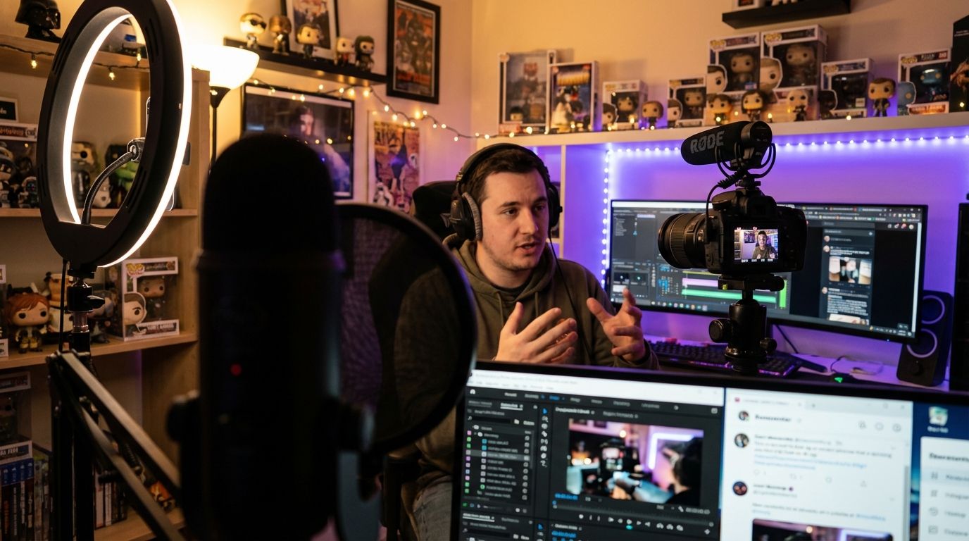 Behind-the-scenes view of a digital content creator's streaming setup. Innovative content creator filming a tech review or gaming stream using professional camera and lighting setup, surrounded by shelves of collectibles and dual monitors displaying editing software.