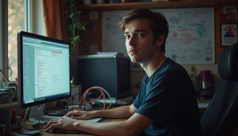Software developer working on code at desk, computer screen with programming interface, home office environment, focused on tech and coding, geekextreme style for tech enthusiasts.