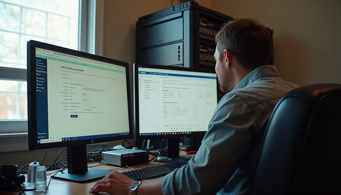 Dual monitor setup with an individual working on cybersecurity or IT management tasks at a desk, featuring technical screens and computer equipment, emphasizing tech expertise.