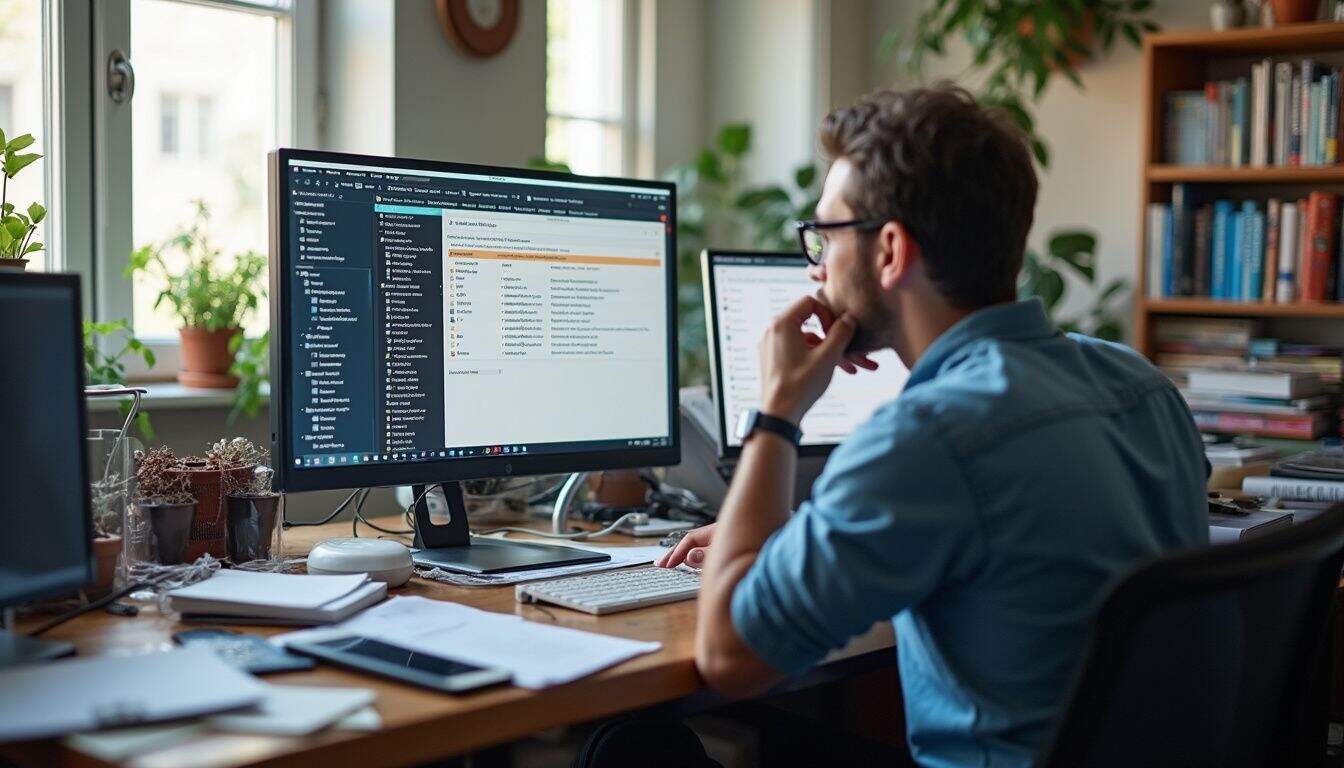 Code developer working on software project using dual monitors at workspace.