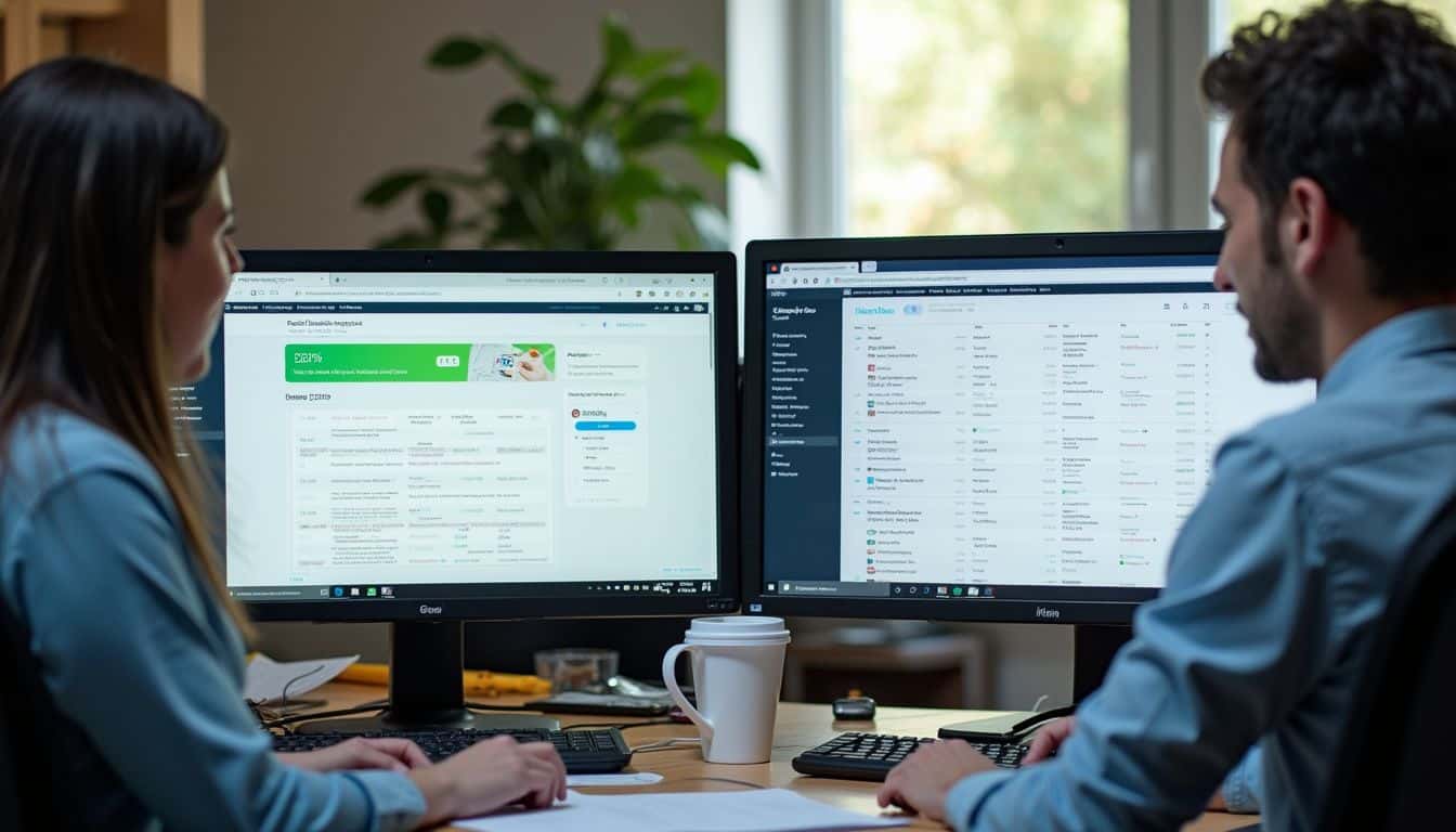Dual monitor setup with analytics and email inbox screens for efficient digital workspace management.