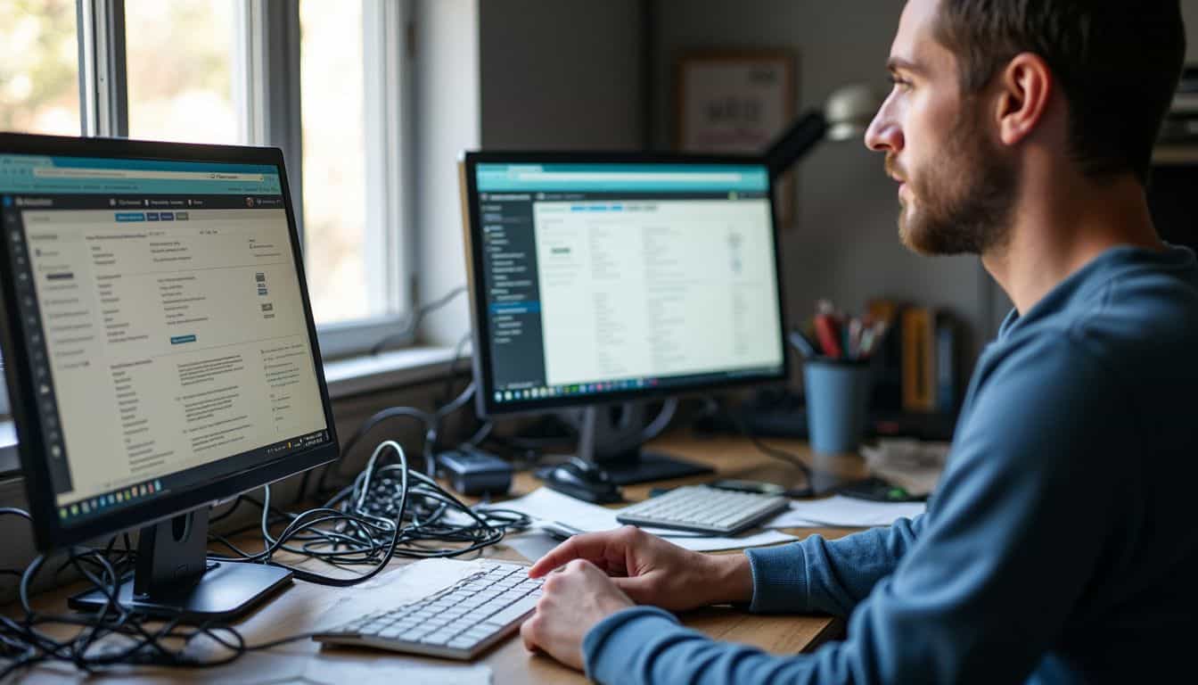 Laptop workspace with dual monitors showing email and project management screens, surrounded by cables and office supplies, in a well-lit home office environment.