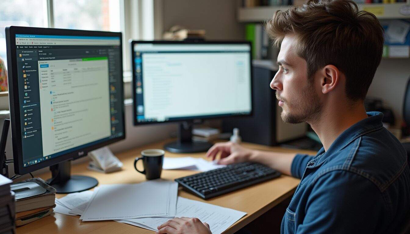 Computer workstation with dual monitors displaying email and project management tools, man working, office setting, productivity, technology, modern workspace, professional environment, tech-savvy individual, business work, multitasking, digital communication, office equipment, focused worker, workplace productivity.