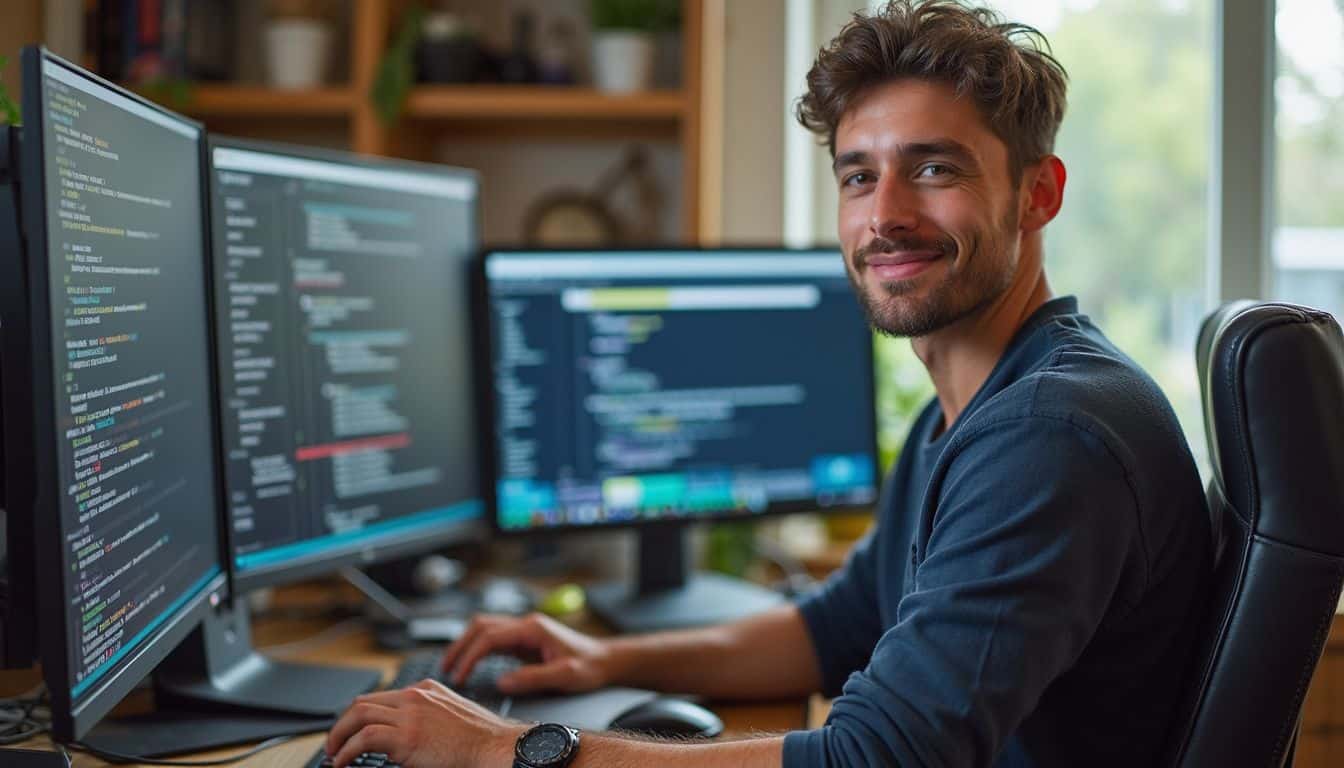 Code developer working on multiple monitors with programming scripts, technology, and software development in a modern workspace.