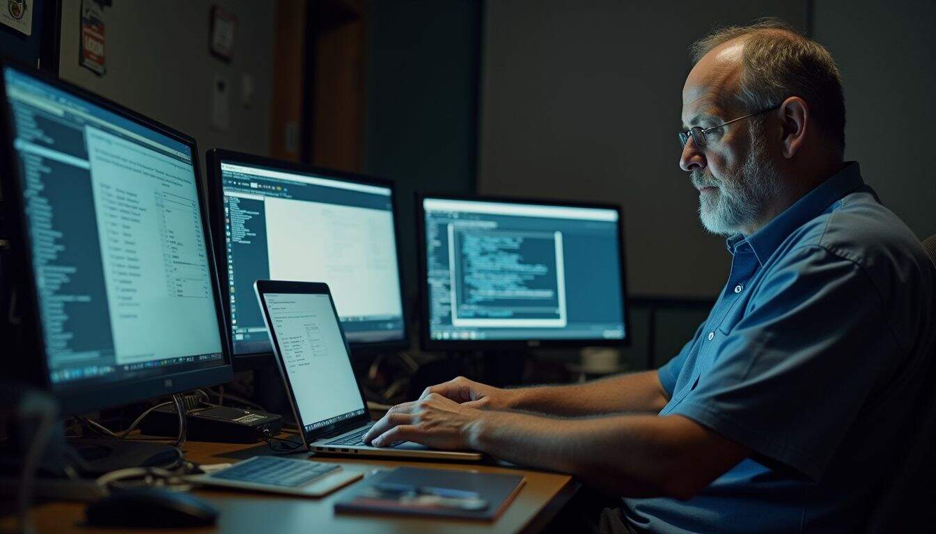 Developing code on multiple screens in a tech workspace.