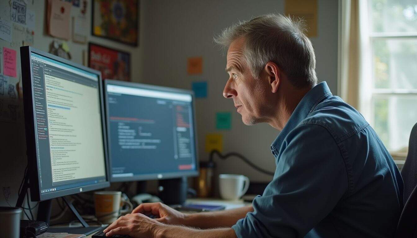 Code review, programmer, working on dual monitors, focused on software development at desk, home office environment, technology, programming tools, geek culture, tech enthusiast, computer setup, IT professional, coding.