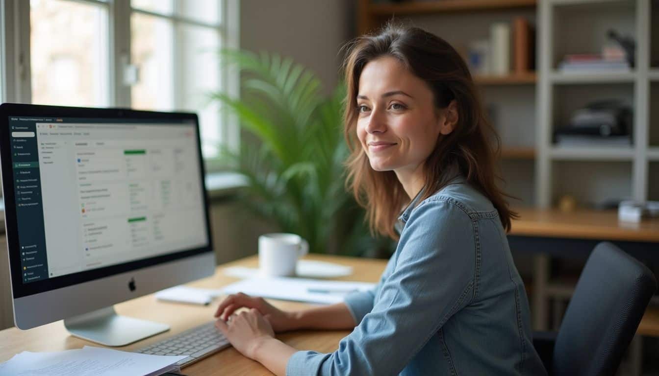 Optimized workspace with a woman working on a desktop computer in a bright, modern home office for tech, productivity, and freelance work.
