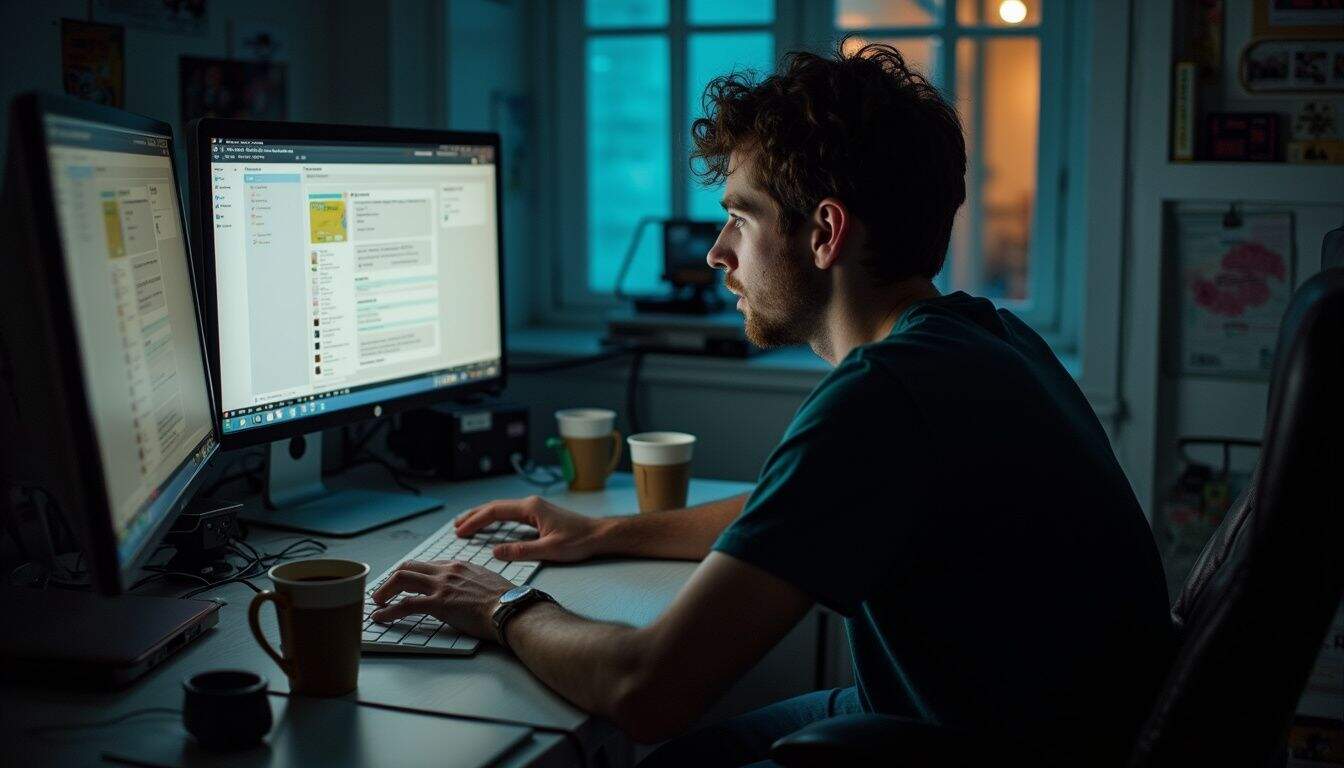 Young man working on dual computer monitors in a modern office environment.