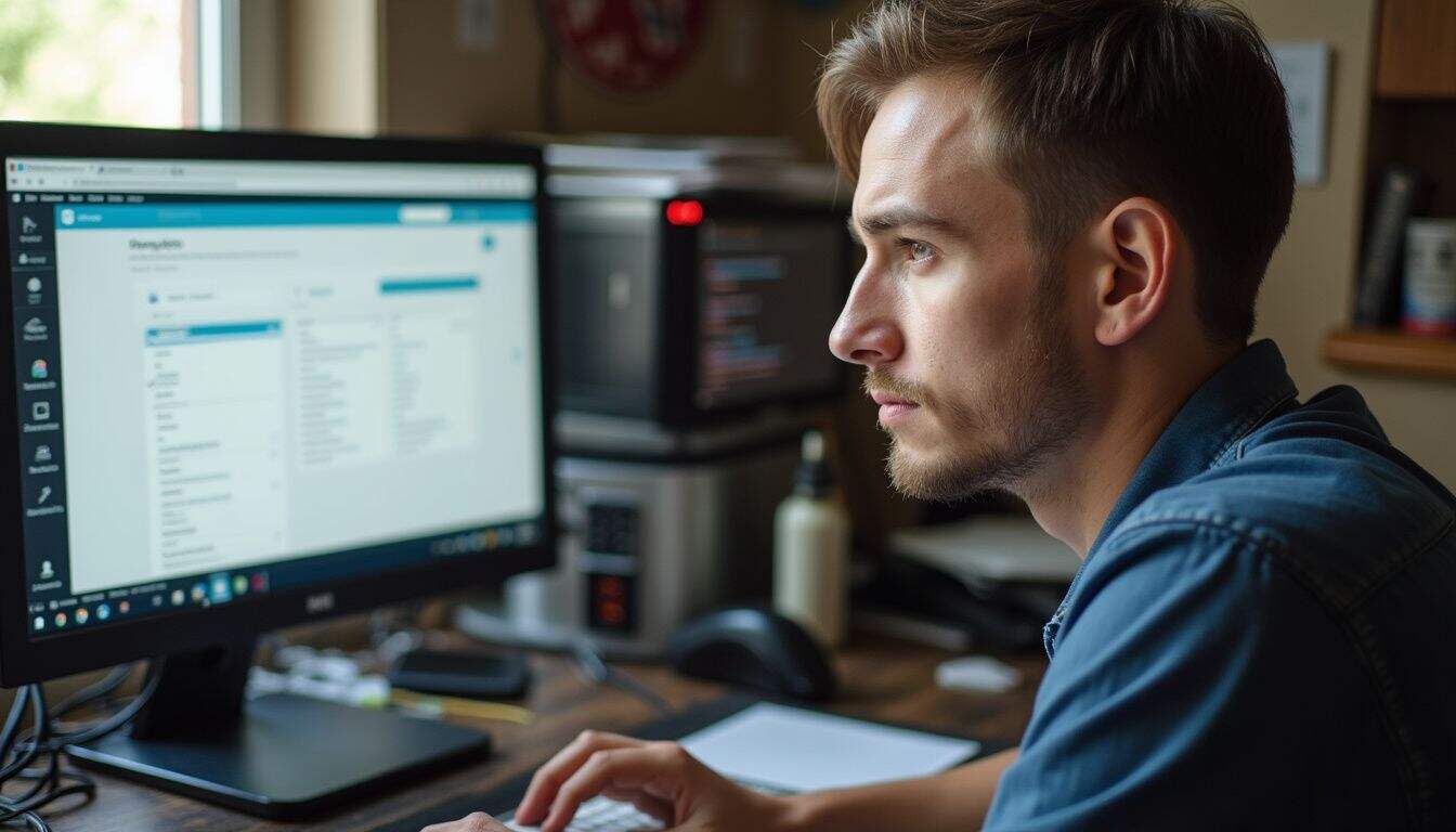 Young man working on a desktop computer with GeekExtreme website open, focused and engaged in online activities, surrounded by tech gadgets and office supplies.