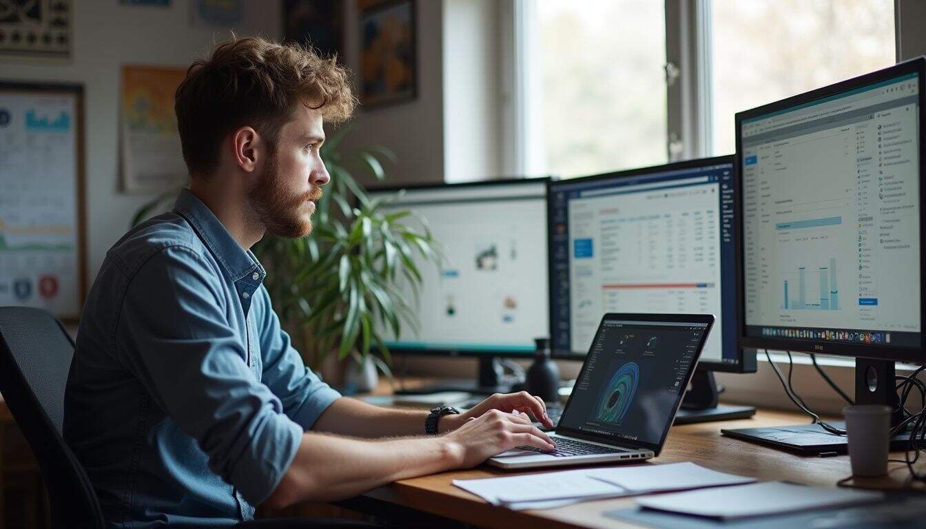 Innovative tech workspace with multiple monitors and a laptop displaying data analysis, ideal for IT professionals and data analysts seeking high-efficiency setups.