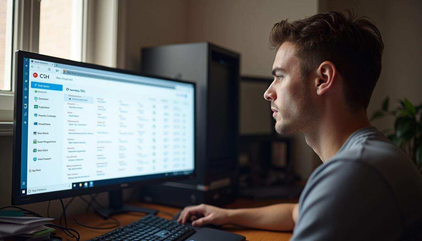 Fast-paced work involving data analysis and email management on a desktop computer.