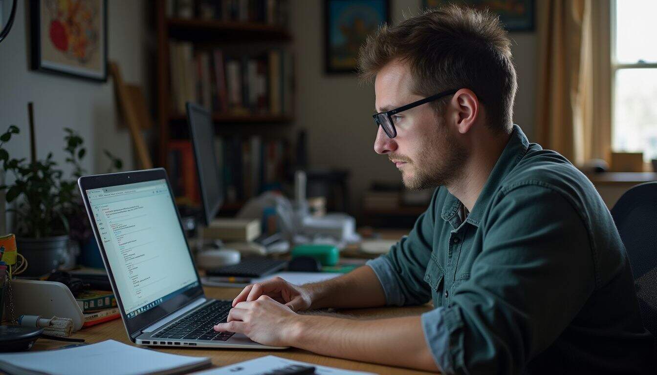 Young man working on a laptop at home, focused on coding or programming, with a cozy room and bookshelves in the background.
