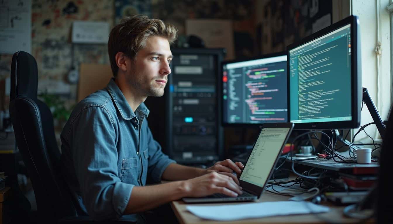 Code developer working on multiple monitors in a modern office environment with natural light.