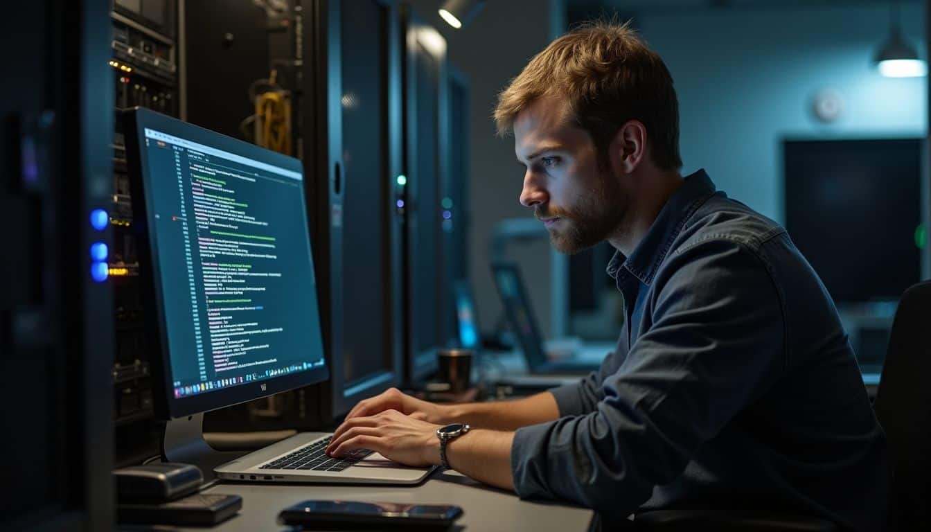 Advanced computer programmer working on coding and software development in a high-tech server room environment.