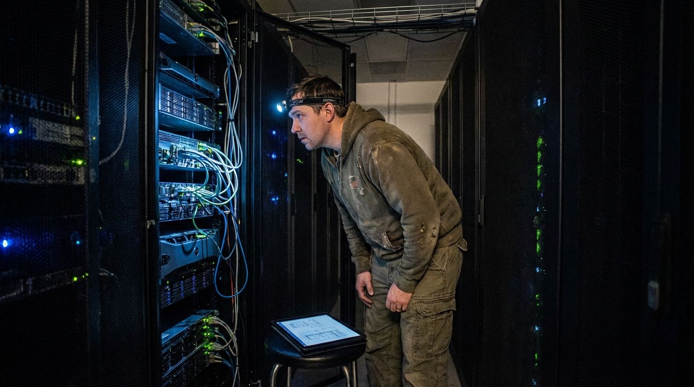 A network architect inspecting equipment in a dimly lit server room. Close-up of an IT technician diagnosing network equipment in a data center server room.