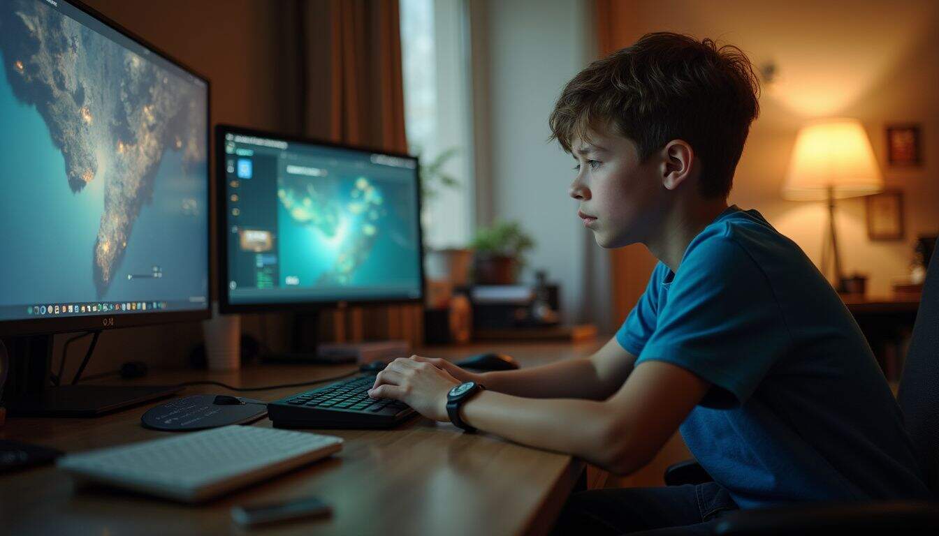 A teenage boy sits casually playing Xbox Series X in a cluttered indoor space with a PC and Nintendo Switch nearby. Dual monitor setup with young boy working on computer at home gaming or studying, modern tech workspace, focused gaming or digital work environment.