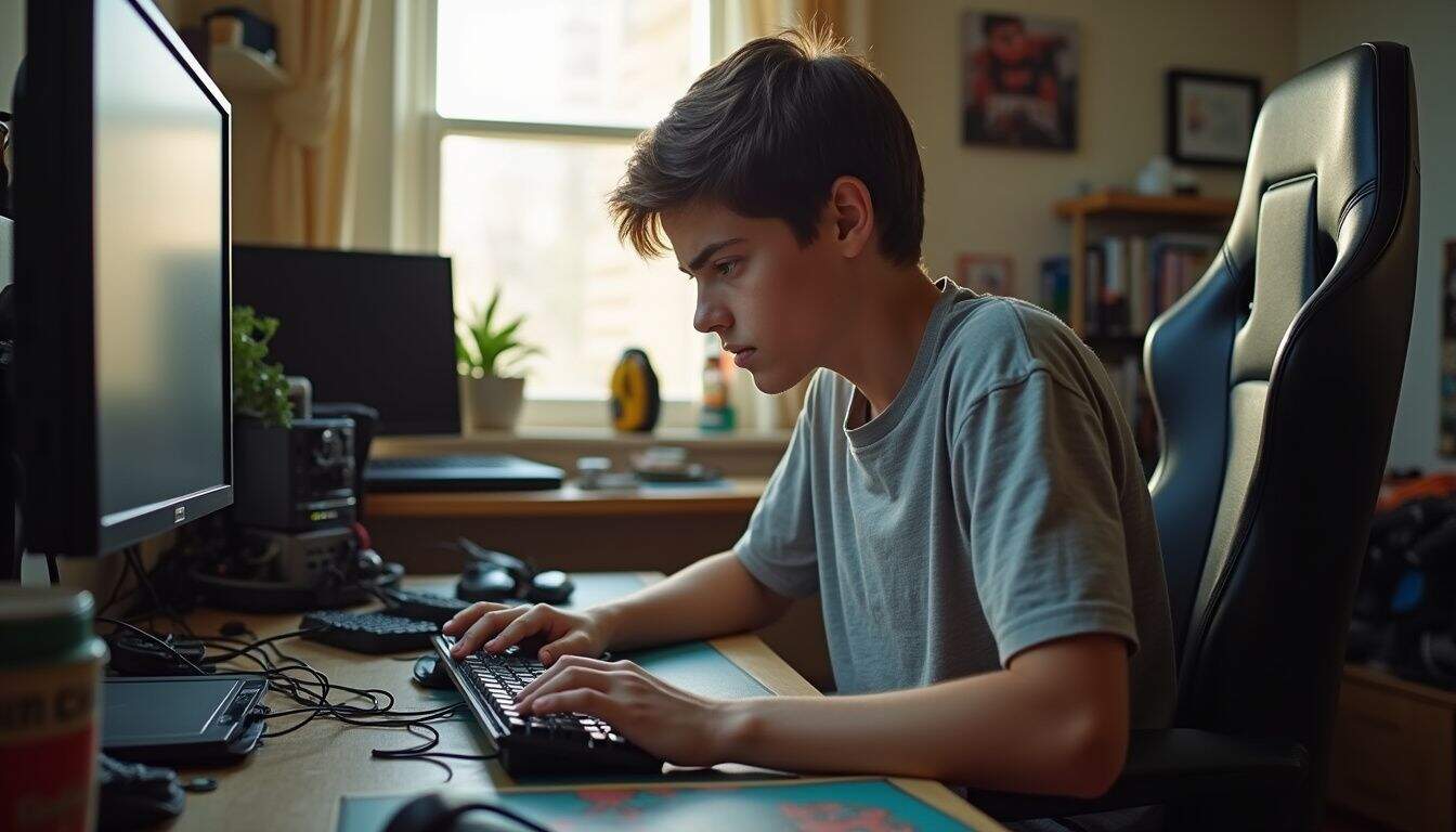A teenage boy sits in his messy bedroom, casually adjusting settings on his gaming PC. Teen boy focused on gaming or computer work at a desk with dual monitors, gaming chair, and various tech gadgets in a well-lit, organized home office.