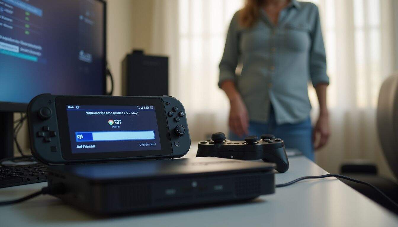A casual gaming console setup shows a download in progress with a person going about their day nearby. PlayStation handheld console with a connected controller on a desk in a gaming setup, showcasing gaming accessories and electronics for tech enthusiasts.
