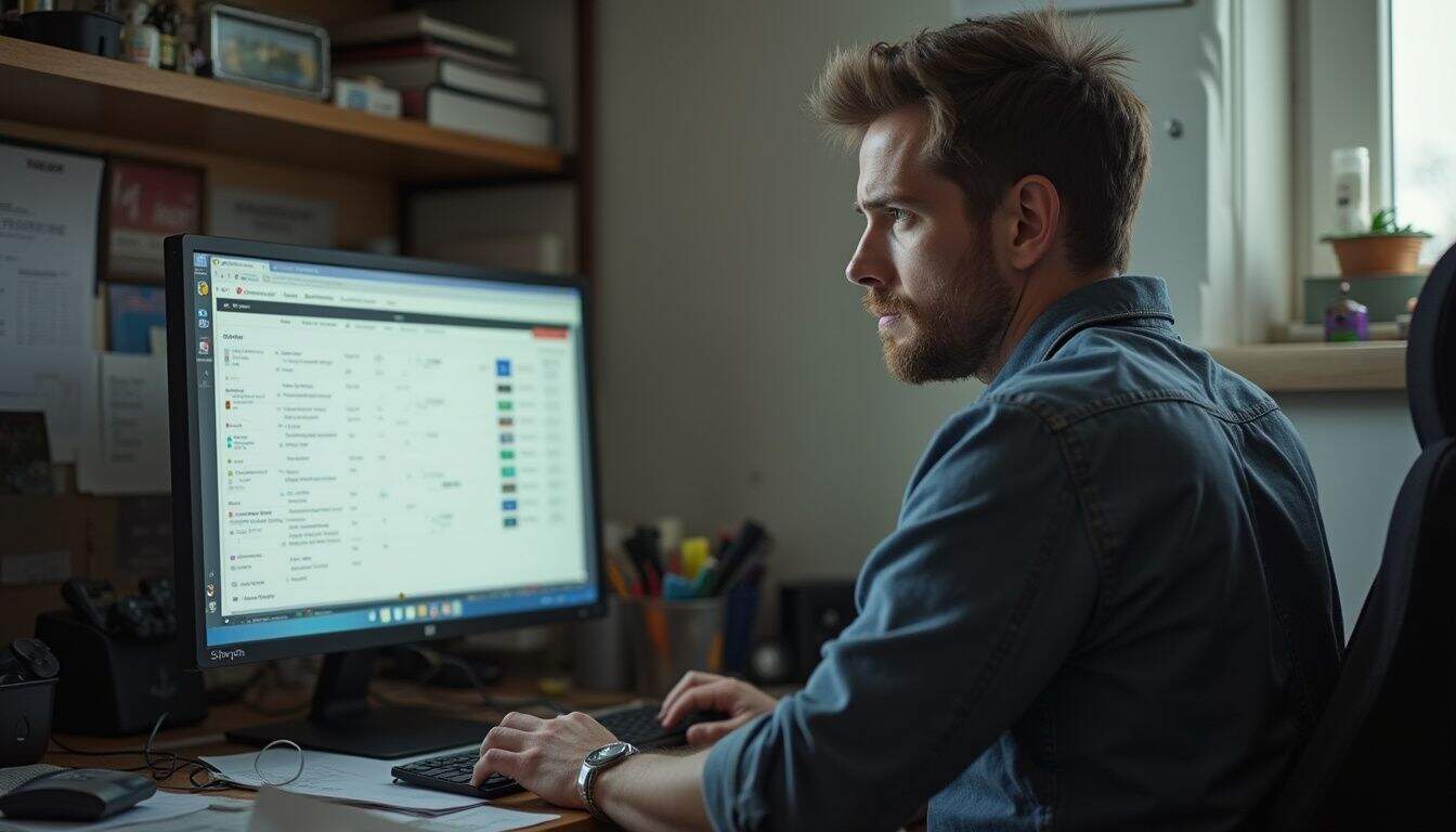 A man in his 30s reviews a chart on computer data usage for various game graphics settings at a cluttered desk. Email spam filter monitoring, email management, inbox sorting, digital security, cybersecurity, tech support, email filtering tools, spam detection strategies, email inbox organization, professional email management.
