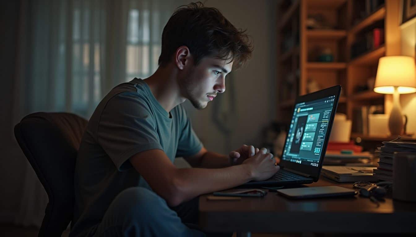 A young man casually plays an online game at home, surrounded by everyday clutter in a relaxed setting. A young man working on a laptop in a cozy, dimly-lit room with bookshelves and warm lighting.