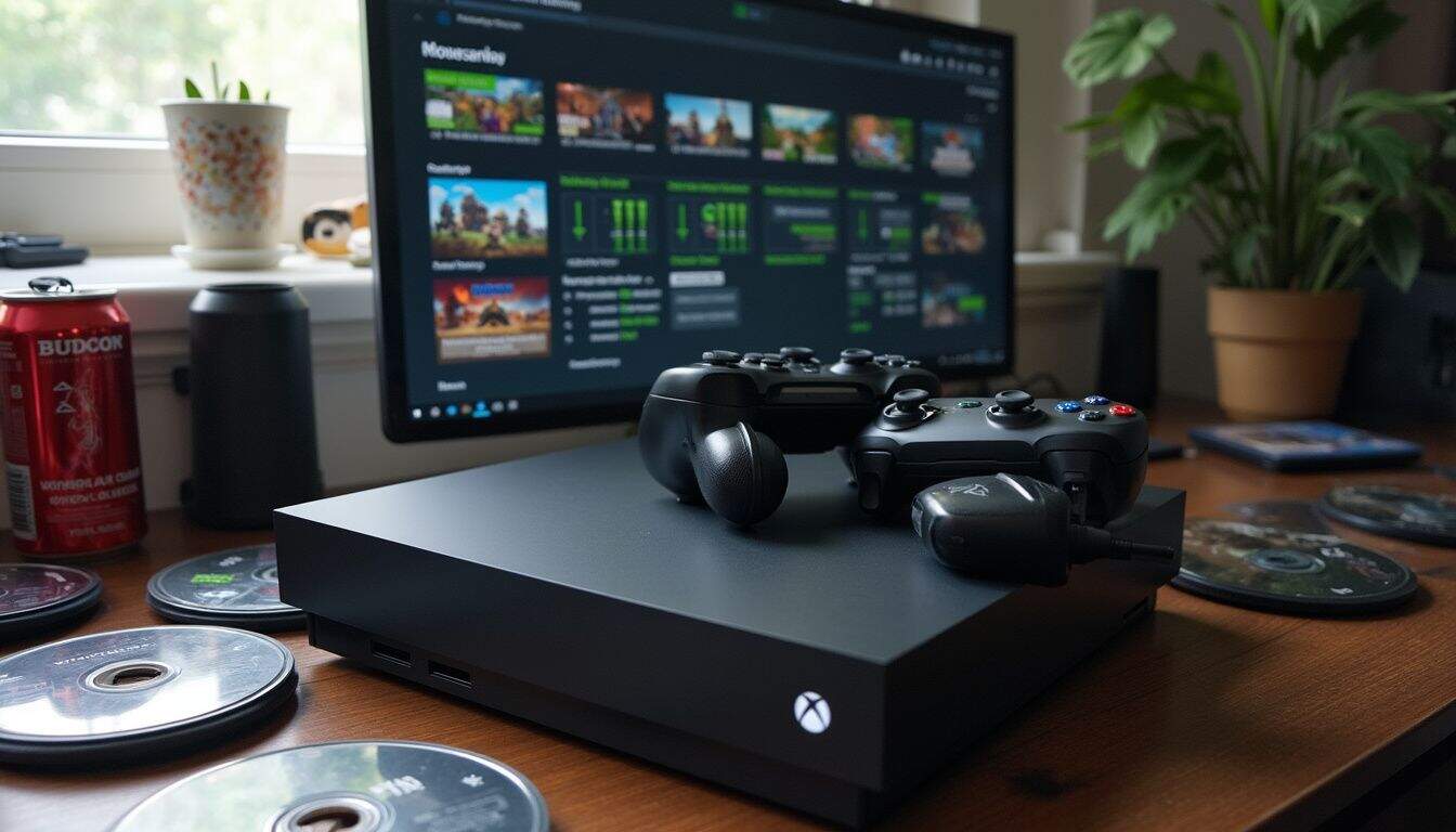 An Xbox Series X on a messy desk surrounded by gaming discs, controllers, and empty energy drink cans. Gaming console Xbox Series X with controllers and game discs on a wooden desk, computer screen displaying a game library in the background, indoor setting with houseplants and a beverage can.