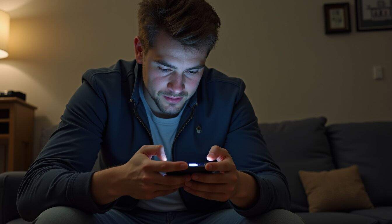 A man in his 30s relaxes while playing a game on his phone in a casual, cluttered room. Young man using a smartphone at night glowing screen, relaxed indoor setting, cozy living room, casual attire, concentrated on device, ambient lighting, technology, leisure, entertainment, modern lifestyle.