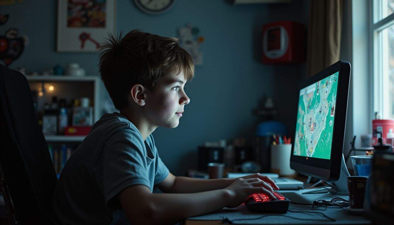 A 16-year-old boy enjoys gaming at his cluttered desk in a casual, unposed moment. Boy playing computer game on desktop with LED backlit keyboard in a cozy room.