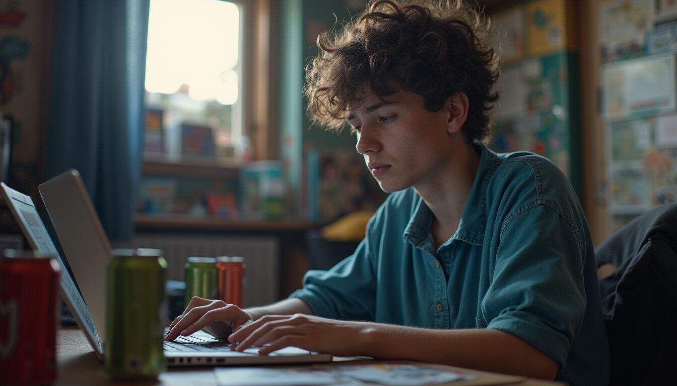 A college student looks tired and annoyed while gaming in their cluttered dorm room filled with empty energy drink cans. Young male student working on a laptop in a classroom or study area with soft natural lighting, geekextreme, tech, gaming, digital education, modern learning environment.
