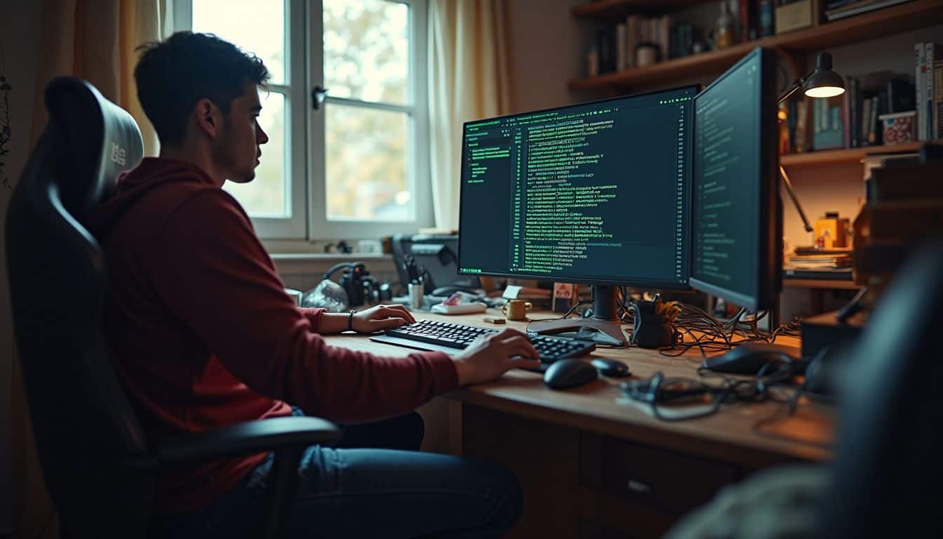 A messy home office features a gaming PC downloading a game, with a relaxed person nearby amidst everyday clutter. Code developer working on programming software at a home desk, focused on multiple monitors displaying code, in a cozy room with bookshelves and natural daylight.