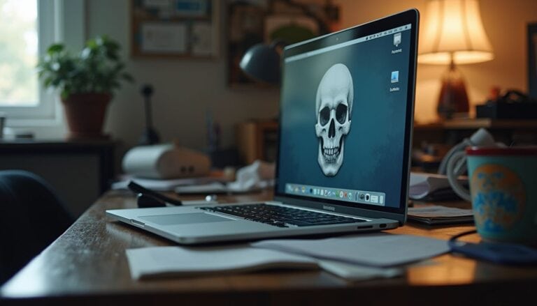 Skull desktop wallpaper on a MacBook laptop on a cluttered wooden office desk with paperwork, coffee mug, and warm ambient lighting, emphasizing gothic or edgy aesthetic for tech or gaming enthusiasts.