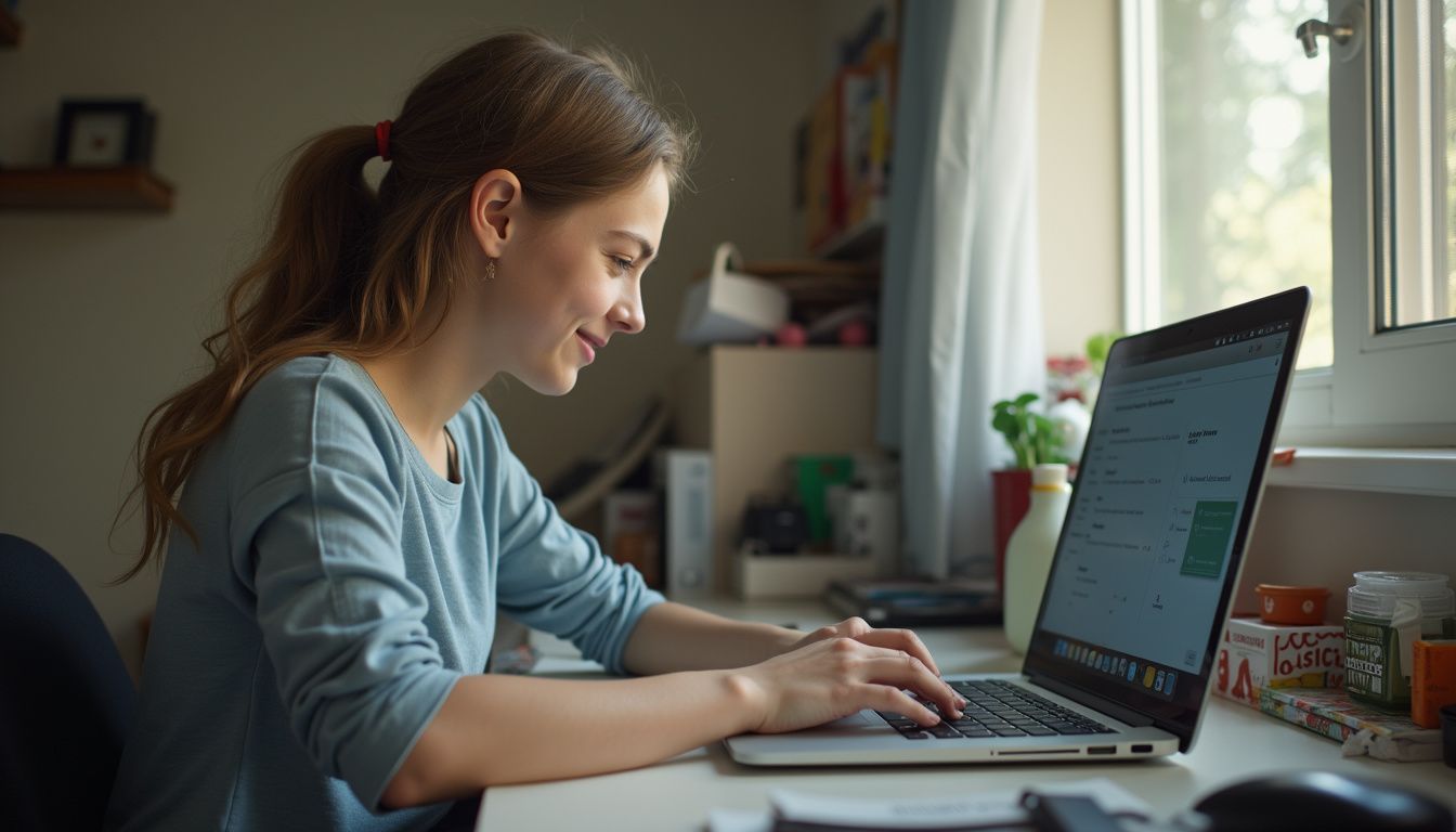 A teenage girl smiles at her MacBook while sitting at a cluttered desk in her bedroom. A teenage girl smiles at her MacBook while sitting at a cluttered desk in her bedroom.