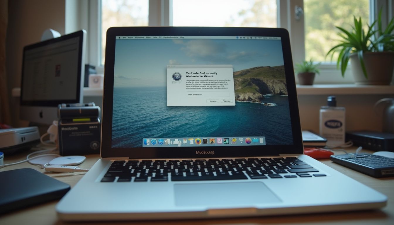 A casual shot of a used MacBook Pro on a cluttered desk with familiar macOS security pop-ups visible. A casual shot of a used MacBook Pro on a cluttered desk with familiar macOS security pop-ups visible.