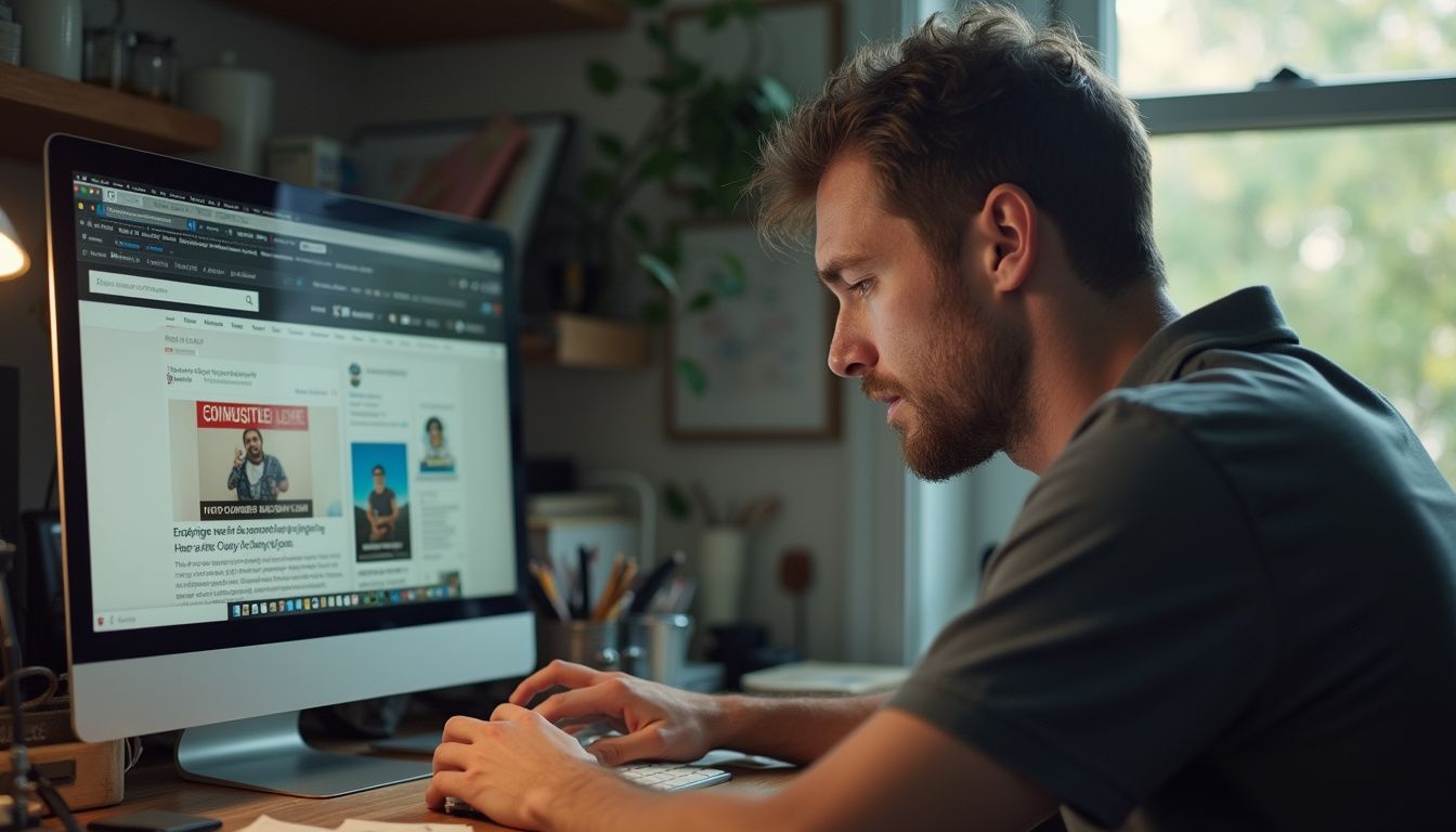 A man in his 30s sits at a cluttered desk, visibly frustrated by annoying pop-up ads on his laptop. A man in his 30s sits at a cluttered desk, visibly frustrated by annoying pop-up ads on his laptop.
