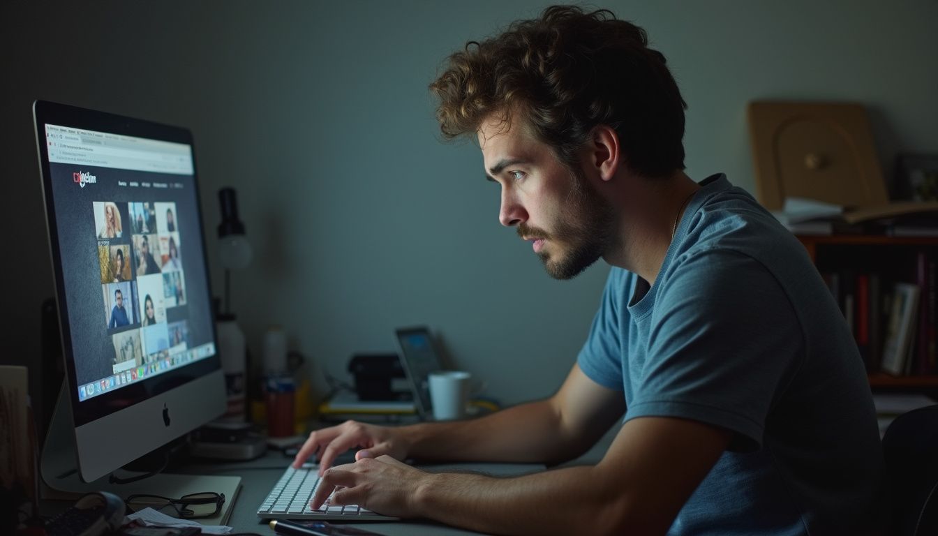 A man in his 30s sits at a cluttered desk, concerned while looking at his MacBook filled with pop-up ads. A man in his 30s sits at a cluttered desk, concerned while looking at his MacBook filled with pop-up ads.