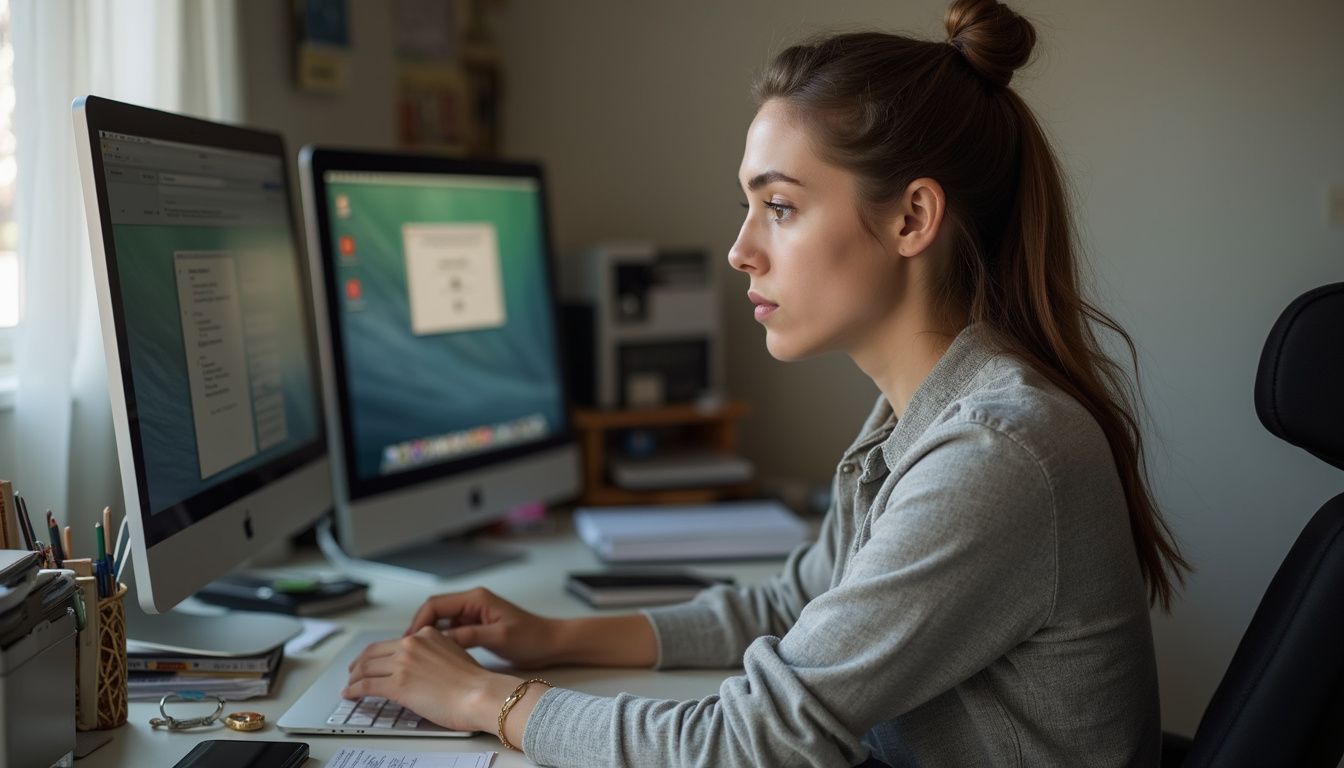A woman in her 30s sits at a cluttered desk, focused on her computer screen displaying a locked FileVault message. A woman in her 30s sits at a cluttered desk, focused on her computer screen displaying a locked FileVault message.