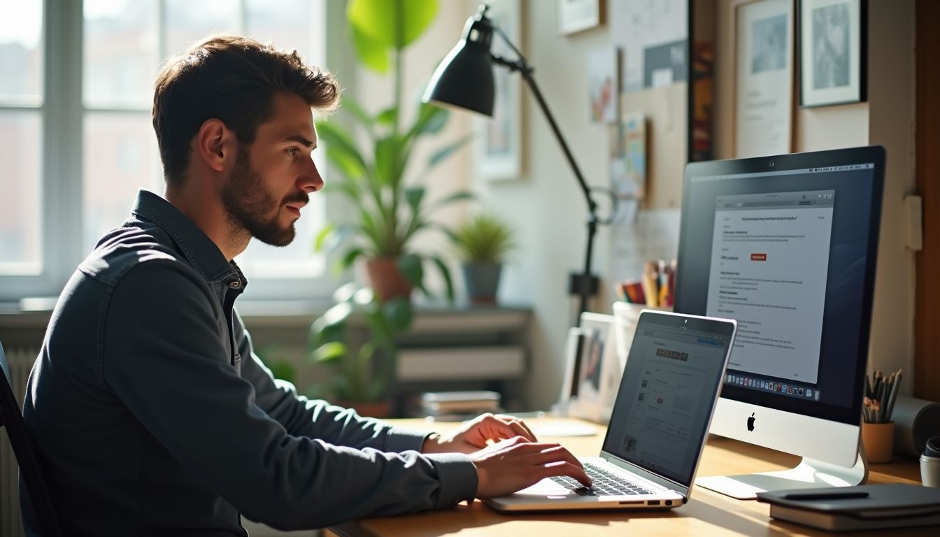 A man in casual clothing sits at a desk, facing a MacBook displaying a Gatekeeper warning for an unauthorized app. A man in casual clothing sits at a desk, facing a MacBook displaying a Gatekeeper warning for an unauthorized app.