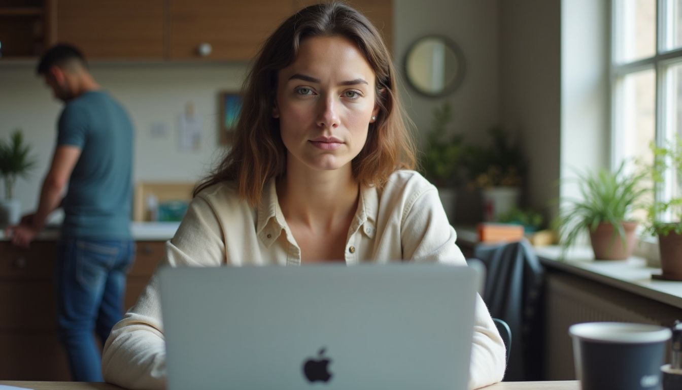 A woman casually works on her laptop at a cluttered desk, reflecting an authentic moment at home. A woman casually works on her laptop at a cluttered desk, reflecting an authentic moment at home.