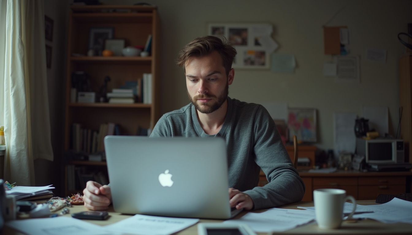A man in his 30s casually scrolls through antivirus reviews at a messy desk with a MacBook Pro. A man in his 30s casually scrolls through antivirus reviews at a messy desk with a MacBook Pro.