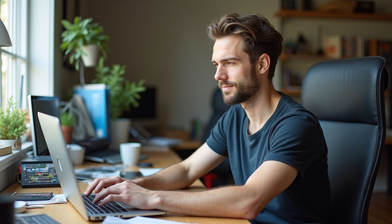 A casually dressed man works at a cluttered desk in his home office, surrounded by gadgets and magazines. A casually dressed man works at a cluttered desk in his home office, surrounded by gadgets and magazines.