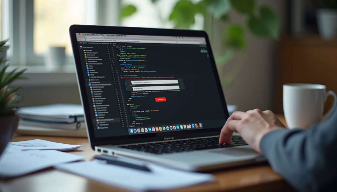 A MacBook Pro displays a phishing website on a messy desk with papers and a coffee mug nearby. A MacBook Pro displays a phishing website on a messy desk with papers and a coffee mug nearby.