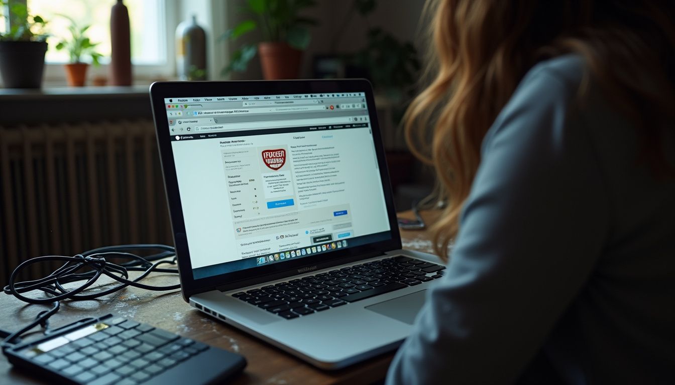 A casual snapshot shows a cracked MacBook displaying a fake virus alert amid a cluttered desk environment. A casual snapshot shows a cracked MacBook displaying a fake virus alert amid a cluttered desk environment.