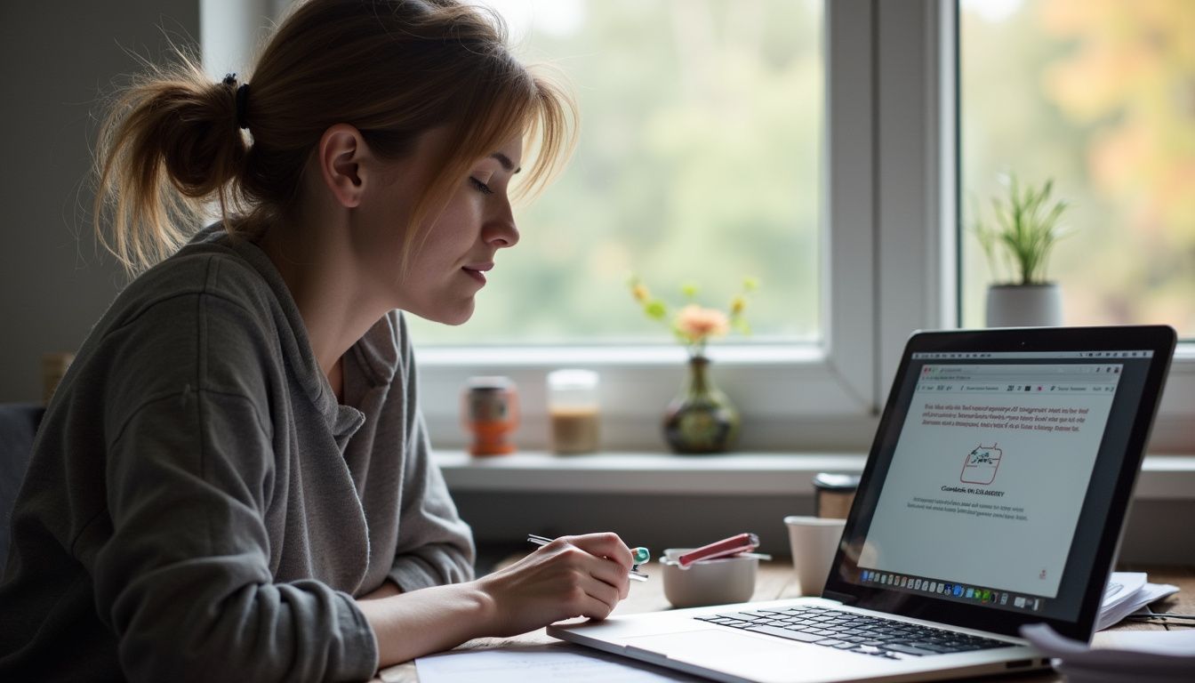 A woman in her 30s works intently at a messy desk, facing a malware warning on her MacBook. A woman in her 30s works intently at a messy desk, facing a malware warning on her MacBook.