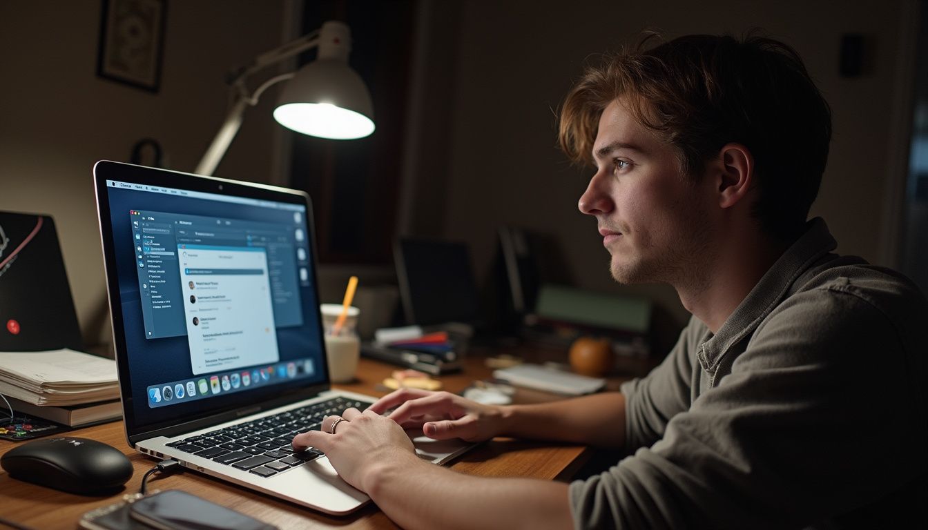 A person sits at a cluttered desk with a MacBook Pro, appearing relaxed yet slightly distracted by notifications. A person sits at a cluttered desk with a MacBook Pro, appearing relaxed yet slightly distracted by notifications.